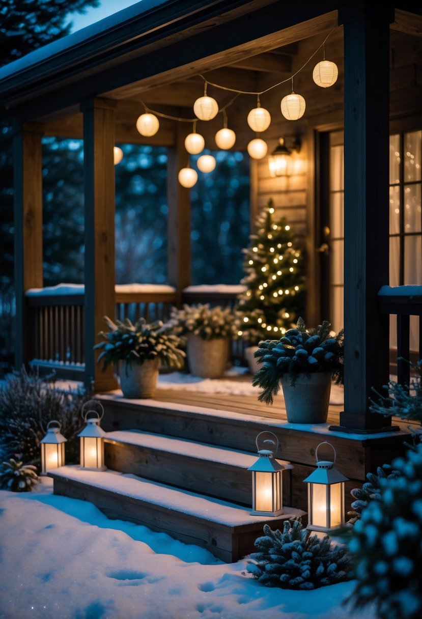 A winter front porch at night softly lit by clusters of glowing lanterns with snow and holiday greenery.